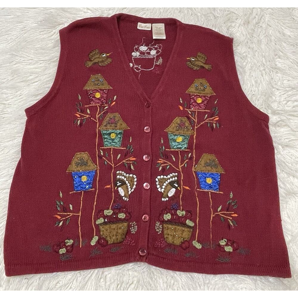 Novelty Autumn Fall Theme Birdhouse Apples Sweater Vest Volup 22W